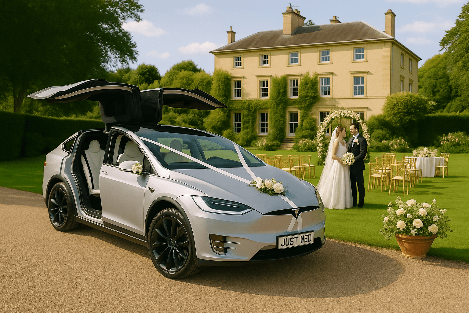 Falcon-wing doors open on Tesla Model X at a summer wedding venue