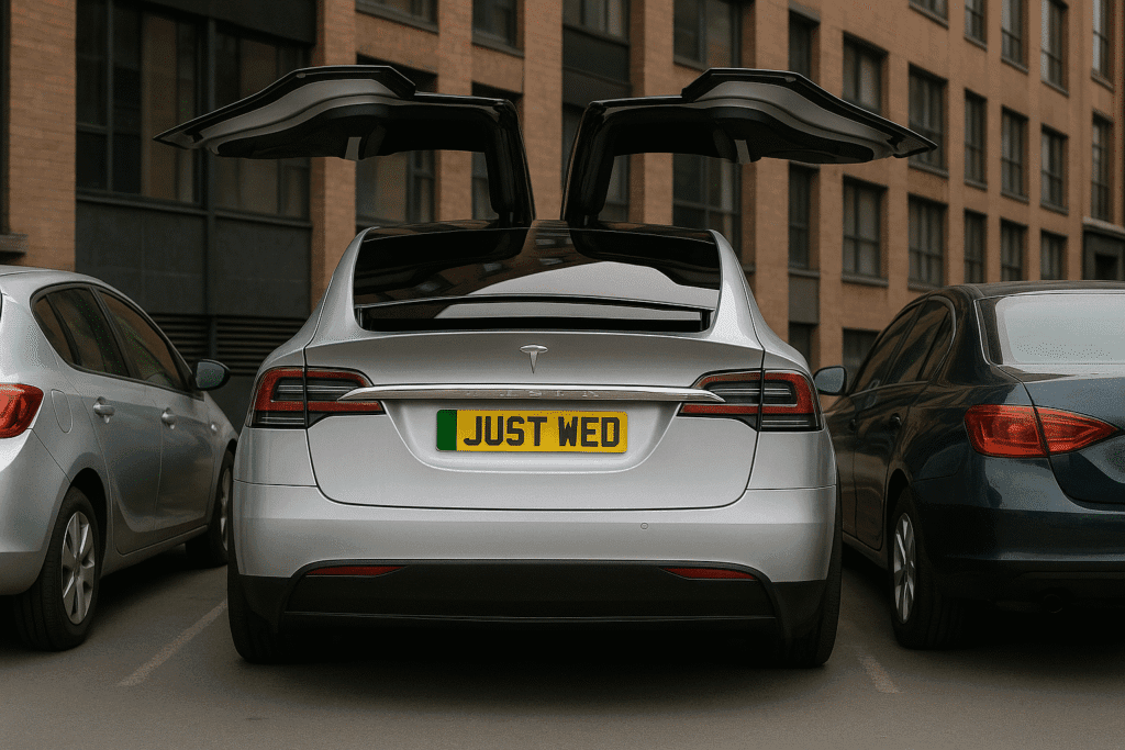 Tesla Model X Falcon Wing doors opening next to two parked cars, showcasing vertical clearance and luxury design.