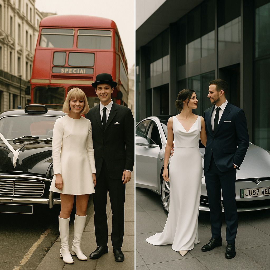 Split-scene showing a 1960s wedding couple beside a black cab vs a modern couple beside a silver Tesla Model S