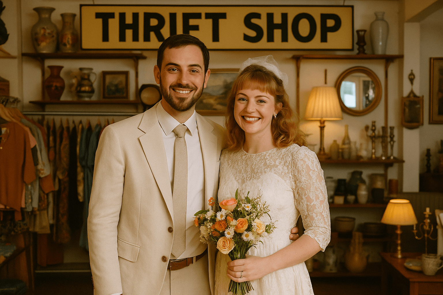 A smiling couple on their wedding day inside a thrift shop, surrounded by secondhand goods. The bride wears a vintage lace gown and holds a bouquet of wildflowers.