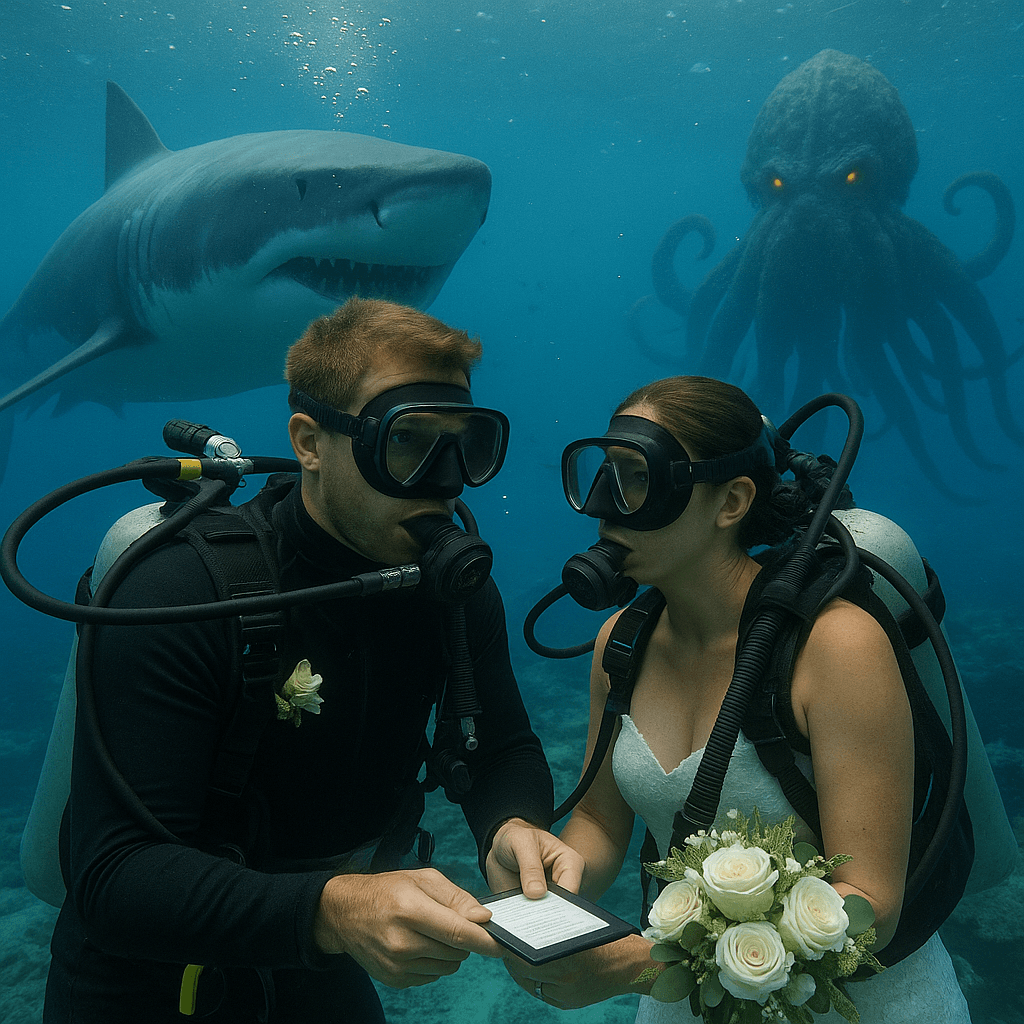 A bride and groom in scuba gear exchanging underwater vows surrounded by fish, coral, and sea light — an underwater wedding moment.