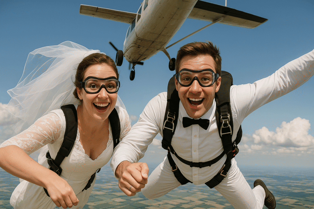 Bride and groom in wedding attire mid-skydive, smiling and holding hands beneath a clear blue sky with airplane above.