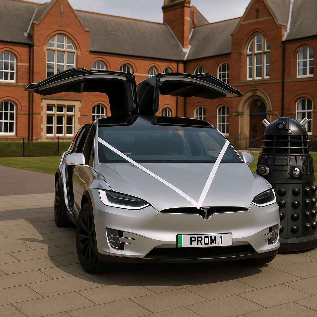 Tesla Model X with falcon wing doors open next to a life-sized Dalek in front of a red brick prom venue, showcasing an unusual prom night arrival.