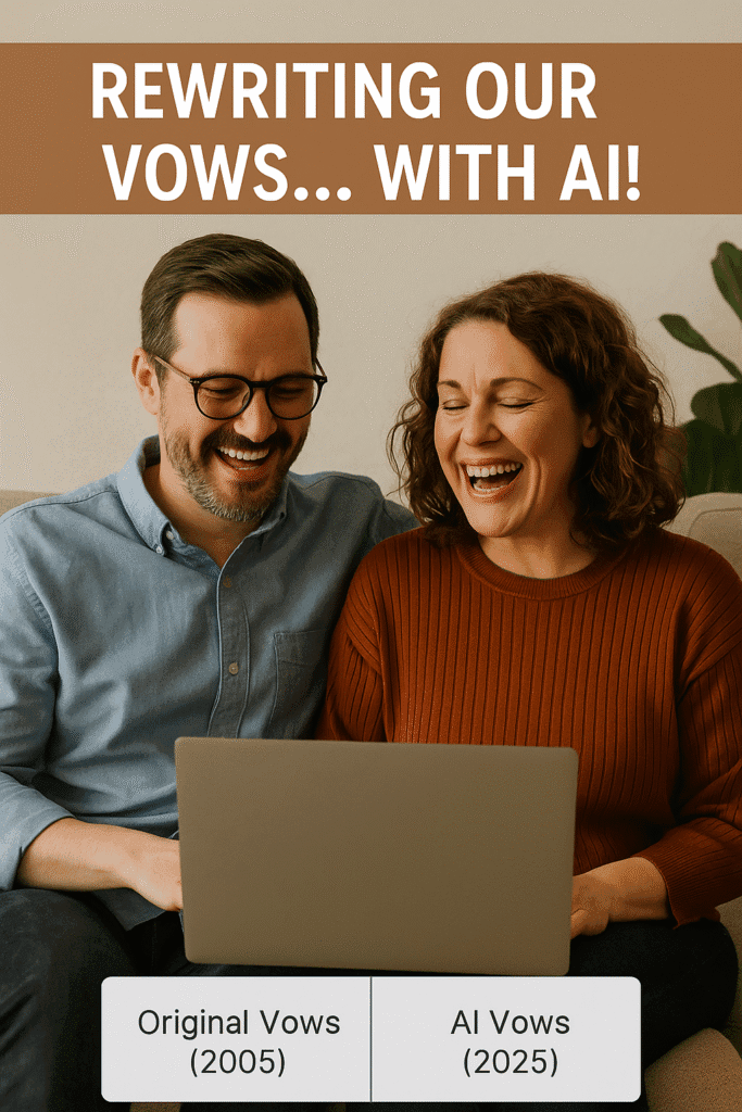 Couple laughing while rewriting their wedding vows using AI tools like ChatGPT