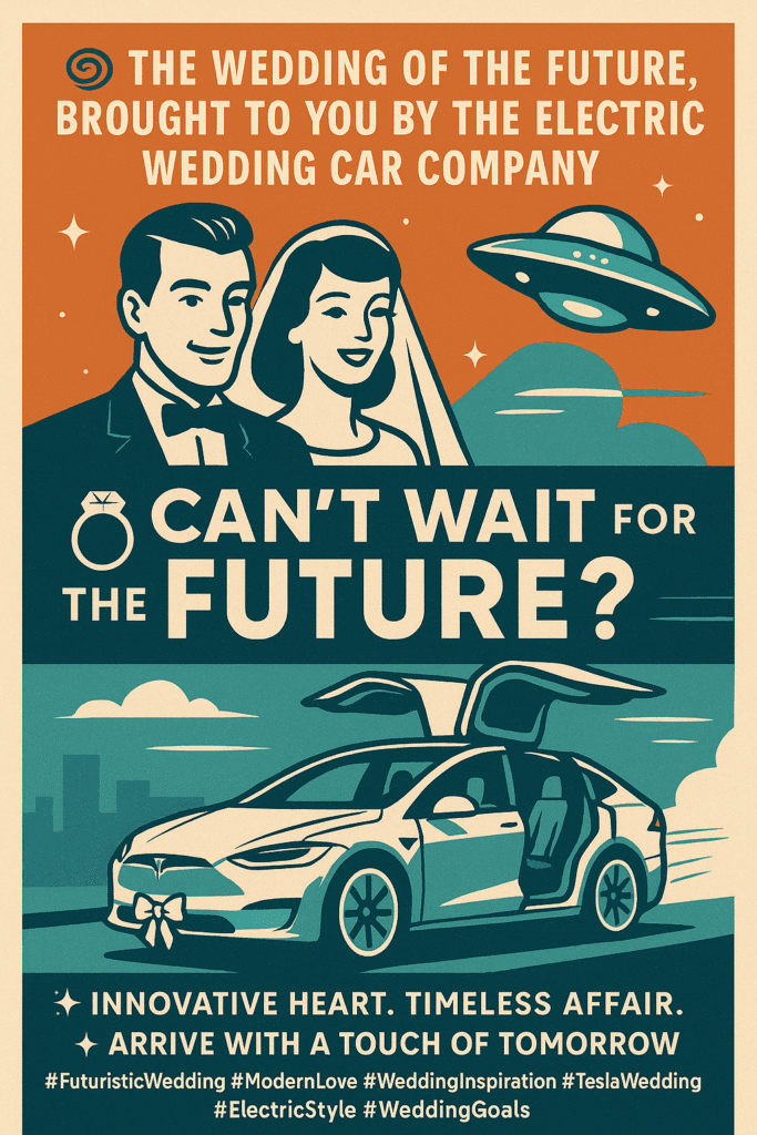 Retro-futuristic wedding poster featuring a Tesla Model X with falcon doors, bride and groom, and vintage space-age design.