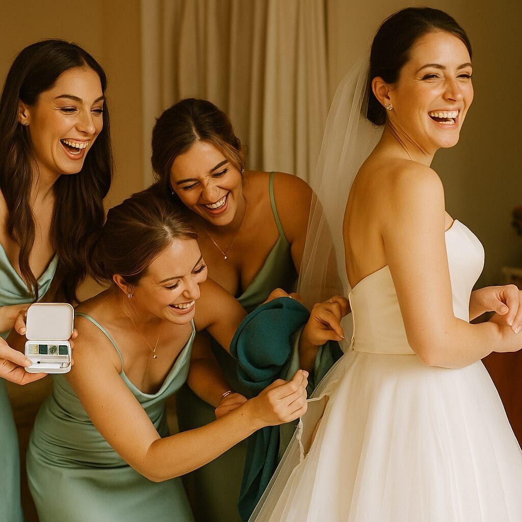 A bride laughing as her wedding dress is being repaired with the help of bridesmaids, showing joy after a wedding dress disaster.