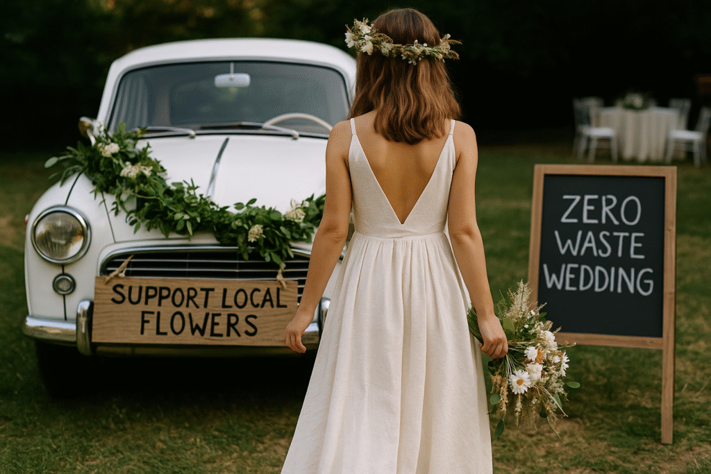 Bride and groom walking hand-in-hand in a field surrounded by wildflowers, with eco-friendly wedding signage in the background.