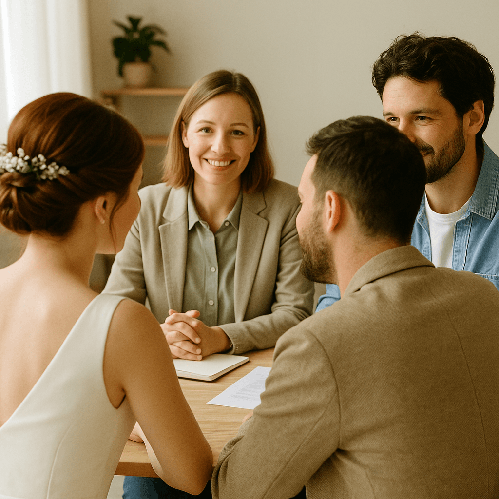 couple meeting sustainable wedding suppliers to ask the right questions