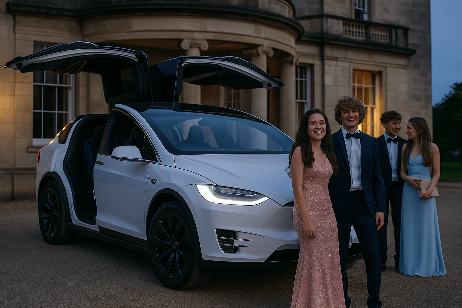 Tesla Model X electric wedding car at prom night with stylish falcon-wing doors and excited students