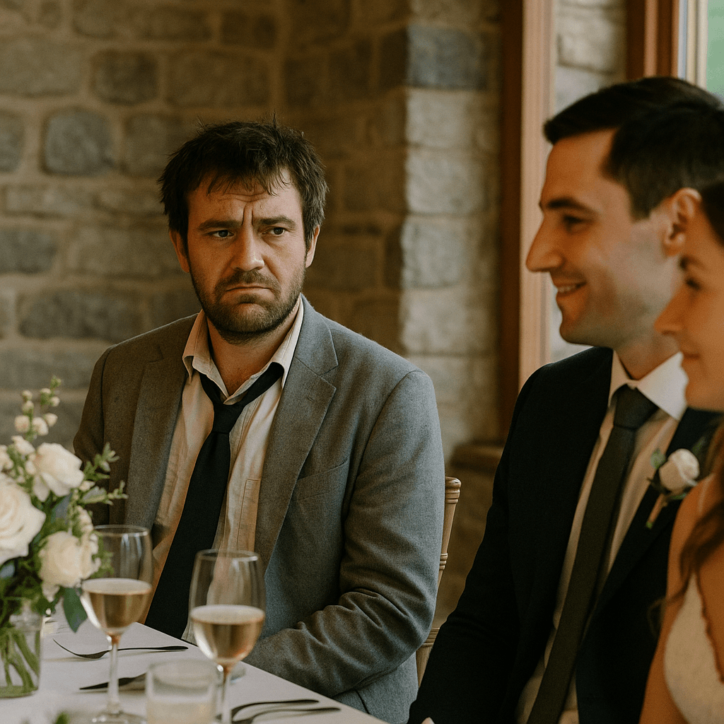 Disheveled, unshaven man in a wrinkled suit sits at a wedding reception table looking annoyed, while a smiling couple beside him enjoys the celebration.