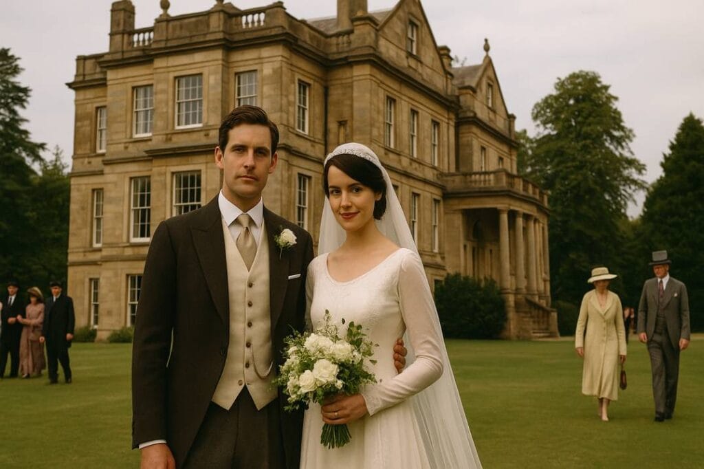 Bride and groom embracing at a vintage-themed wedding with elegant décor and floral arrangements