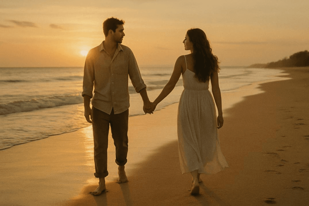 A candid, photojournalistic image of a couple walking hand-in-hand on a quiet beach at sunset, just the two of them. No crowds, no formalwear — just intimacy and freedom. Their outfits are relaxed and timeless. The scene is warm, softly lit, and natural with a retro, vintage film quality.