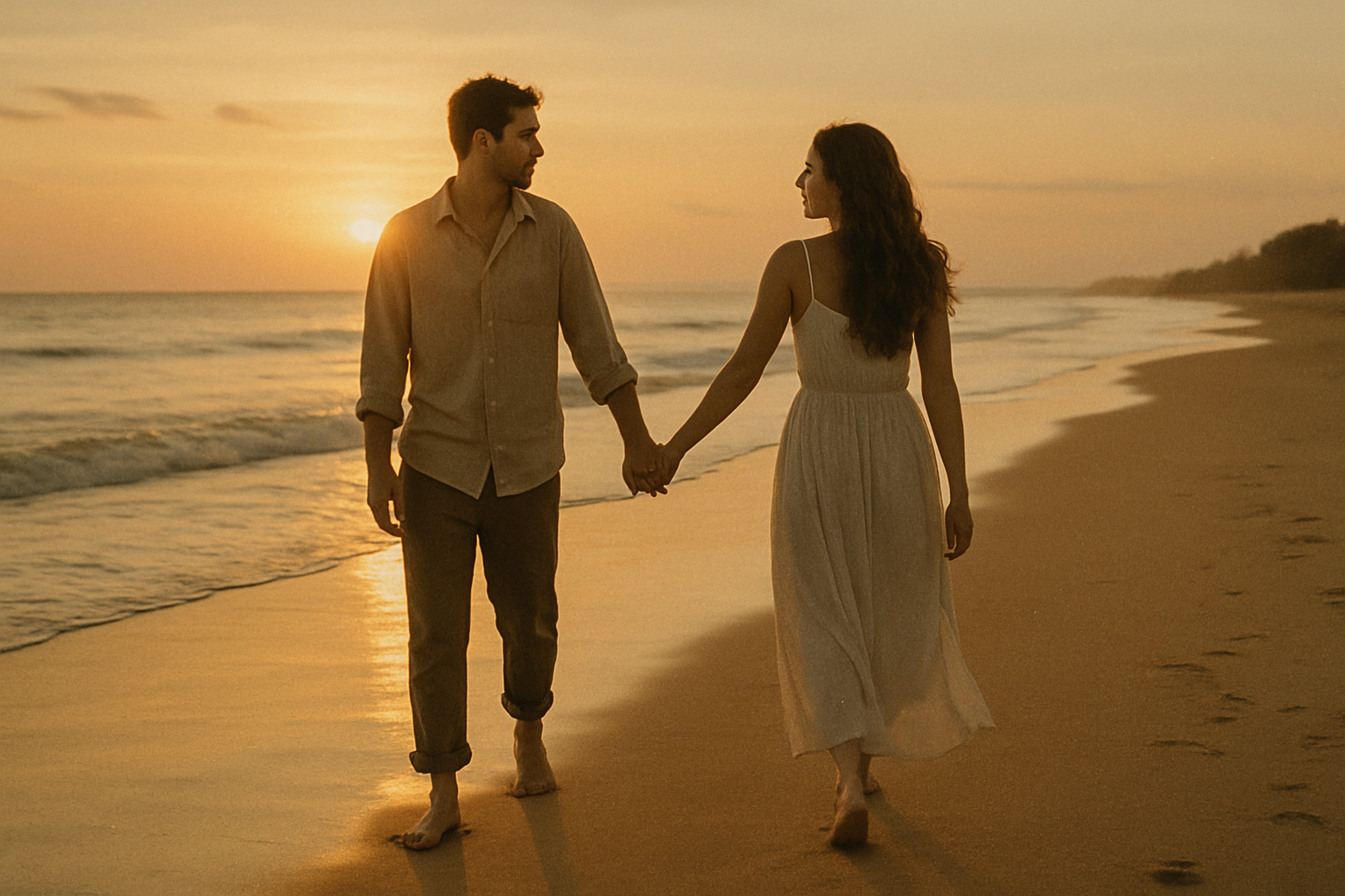 A candid, photojournalistic image of a couple walking hand-in-hand on a quiet beach at sunset, just the two of them. No crowds, no formalwear — just intimacy and freedom. Their outfits are relaxed and timeless. The scene is warm, softly lit, and natural with a retro, vintage film quality.