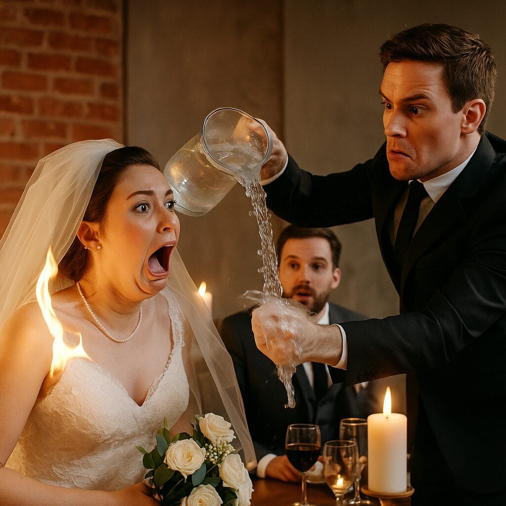 wedding veil disaster caused by candles during romantic photoshoot