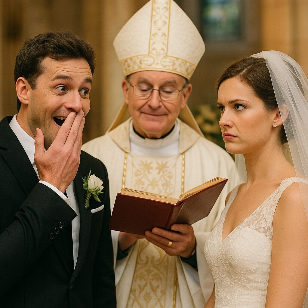 Bride looking serious while groom reacts in shock during a wedding ceremony, with a bishop reading between them at the altar.”