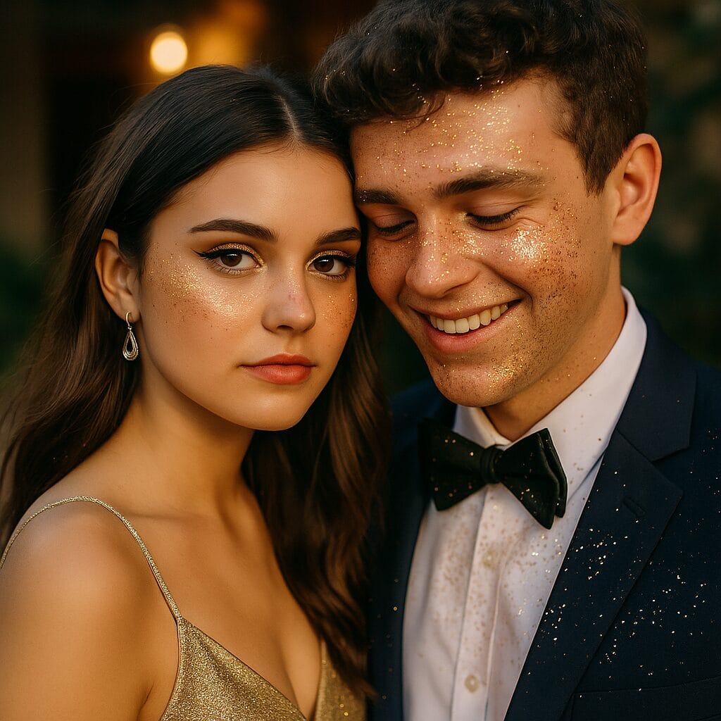 Prom night glitter makeup story with date covered in sparkles
