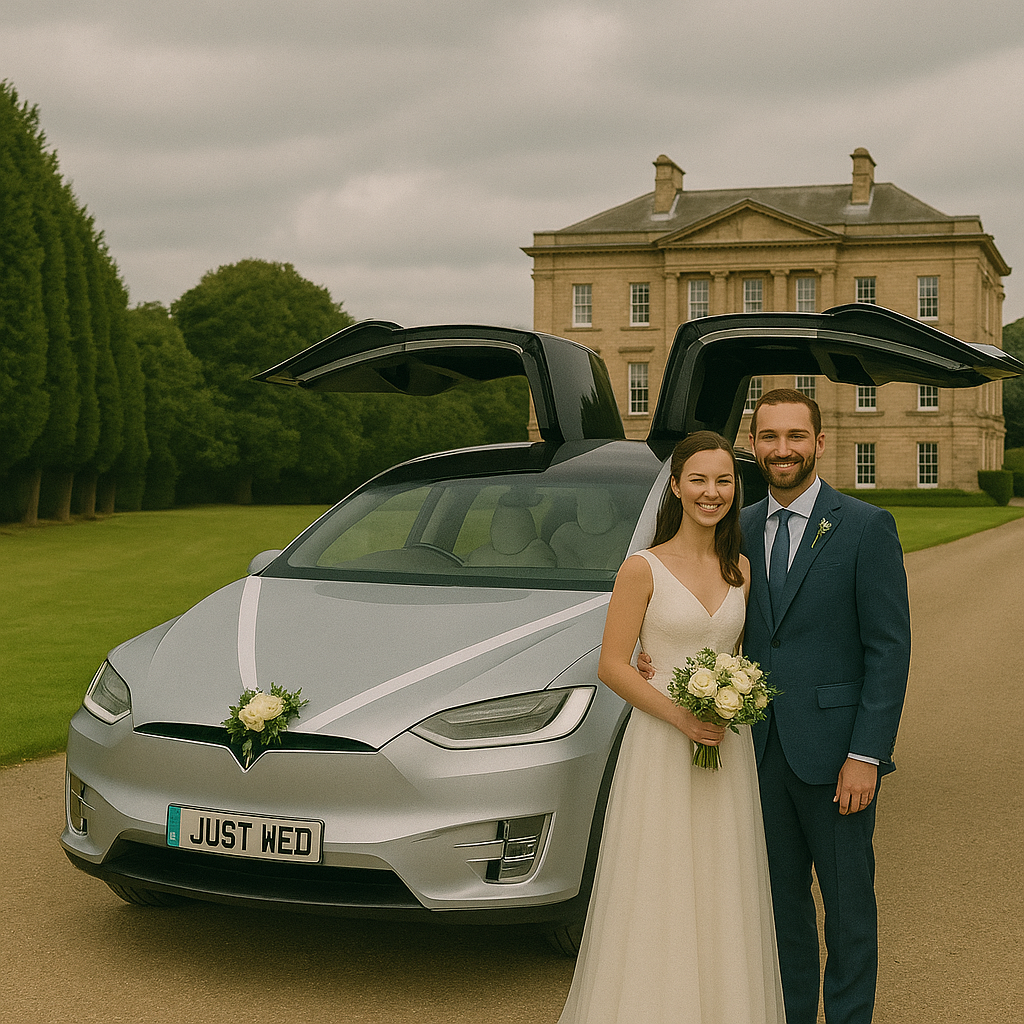 Happy wedding couple with Tesla wedding car hire