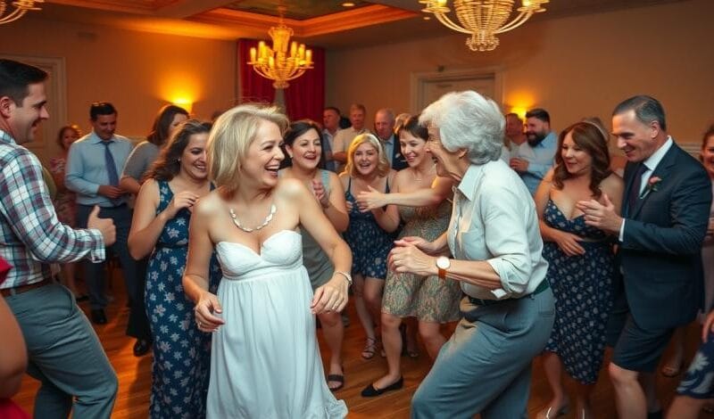 A candid, photorealistic image of a wedding reception dance floor. A joyful group of guests, young and old, are dancing with abandon to upbeat music. Slightly blurry motion, warm golden lighting, laughter, vintage-style clothing mixed with modern outfits. Captured like a 1990s photojournalist moment — fun, unposed, emotionally real. No visible text anywhere.