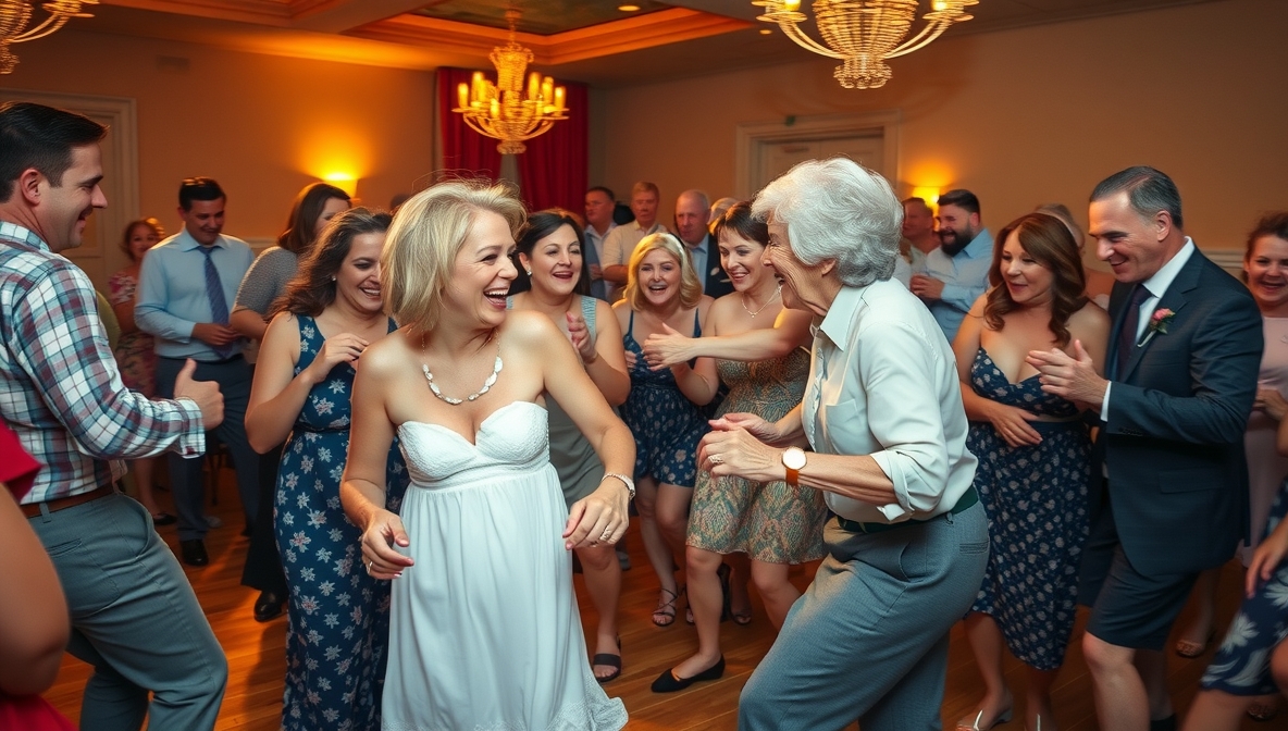A candid, photorealistic image of a wedding reception dance floor. A joyful group of guests, young and old, are dancing with abandon to upbeat music. Slightly blurry motion, warm golden lighting, laughter, vintage-style clothing mixed with modern outfits. Captured like a 1990s photojournalist moment — fun, unposed, emotionally real. No visible text anywhere.