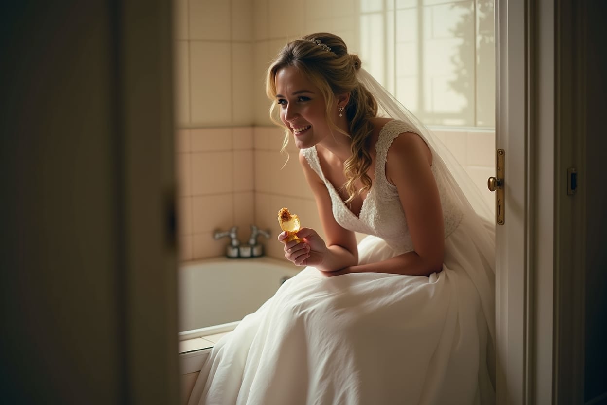 things no one talks about at weddings — bride quietly eating toast, behind-the-scenes wedding moment