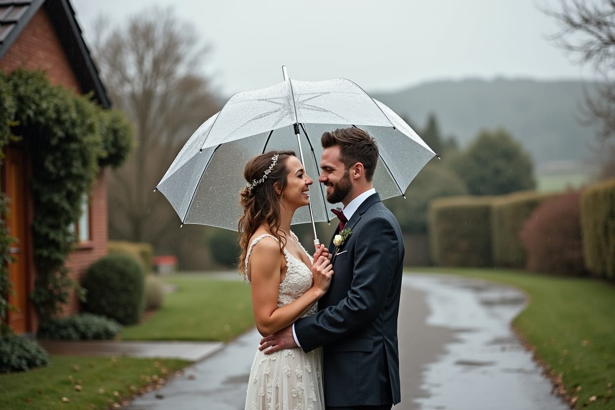 A couple sharing a quiet moment under a clear umbrella outside a small countryside wedding venue. It’s a rainy Wednesday afternoon with soft grey skies, wet cobblestones, and scattered puddles. The couple is dressed simply but stylishly, smiling gently at each other.
