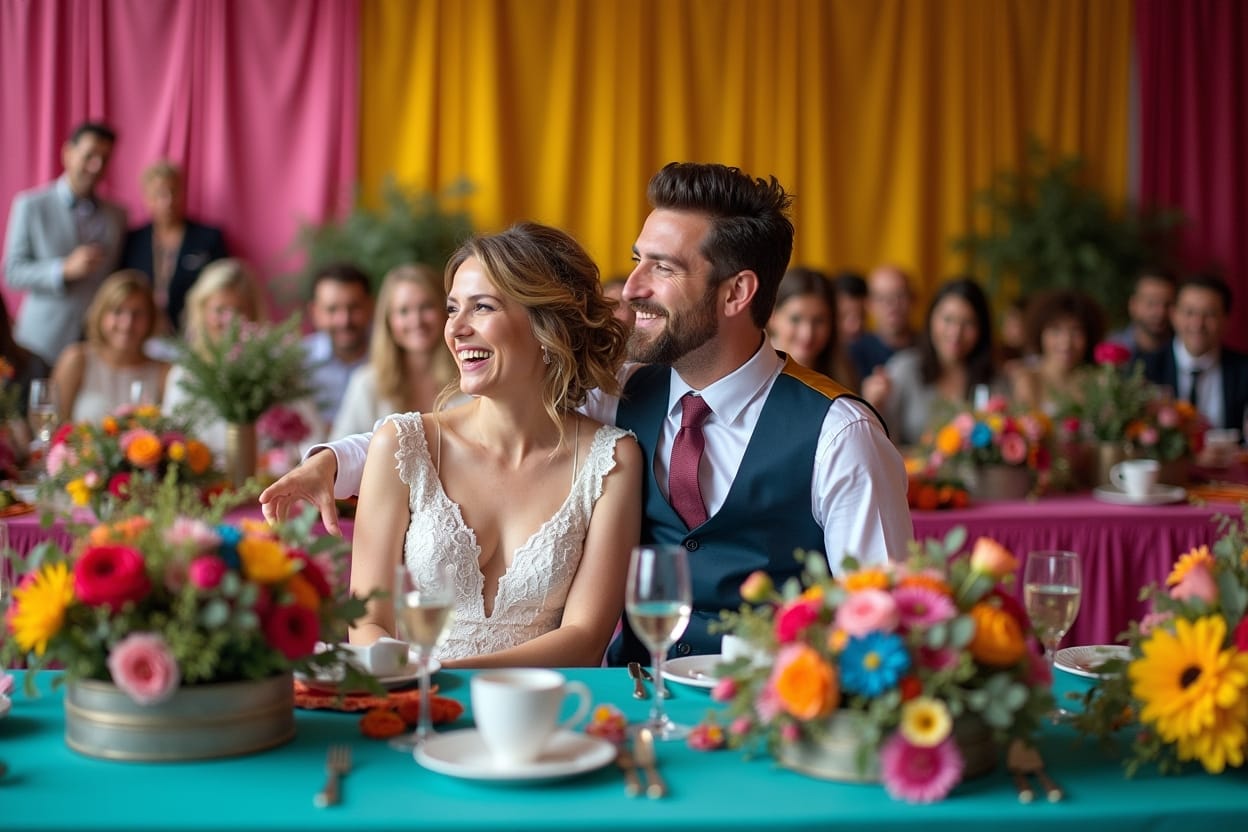vibrant wedding colour scheme with clashing decorations, rainbow socks, and joyful mismatched details