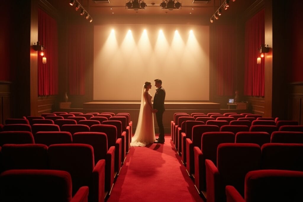 A romantic wedding ceremony taking place inside a vintage cinema. The couple stands at the front of the theatre, framed by soft stage lighting, surrounded by rows of empty red velvet seats.