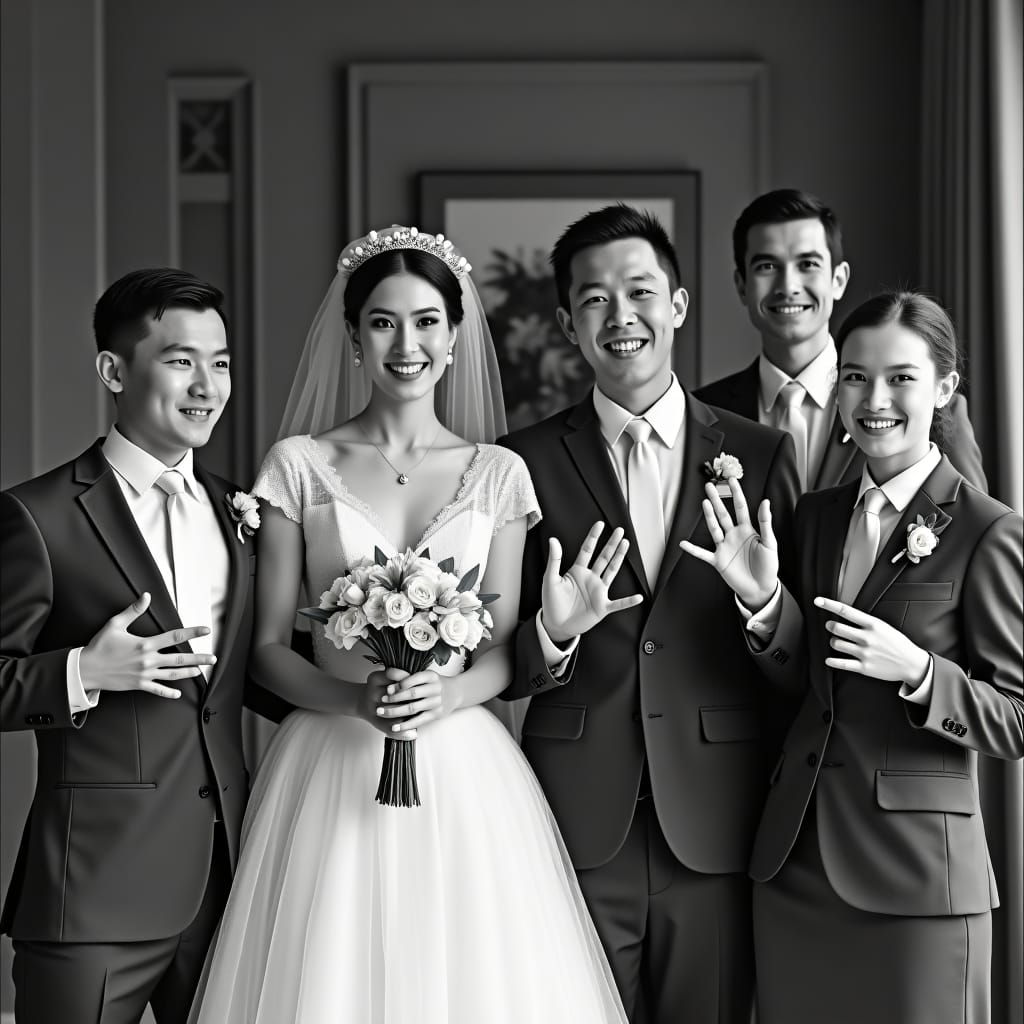 Bride and groom standing awkwardly, unsure what to do with their hands during wedding photo shoot